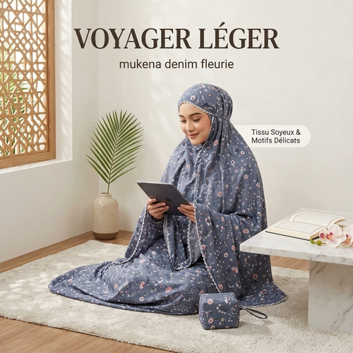 Mukena de Voyage Fleuri Gris-Bleu
