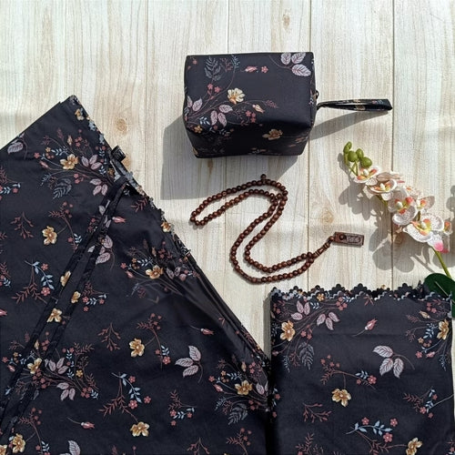 Mukena de voyage fleuri noir, pochette et tissu
